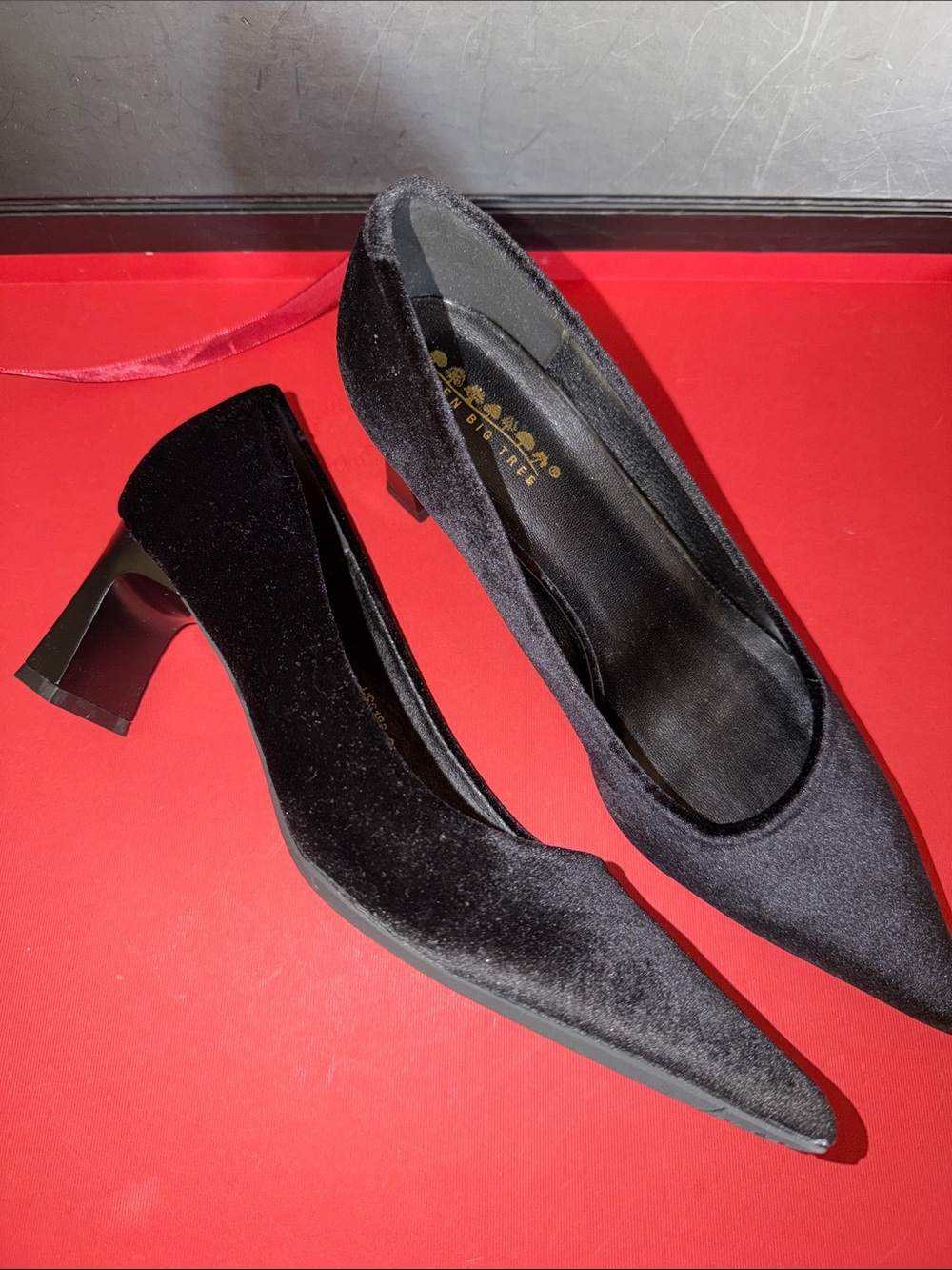 Seven Bug Tree Black Velvet Pointed Block Heel Pumps
